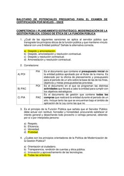 BALOTARIO DE POTENCIALES PREGUNTAS PARA EL EXAMEN DE 
CERTIFICACIÓN POR NIVELES – OSCE 
 
 
COMPETENCIA I: PLANEAMIENTO ESTRA