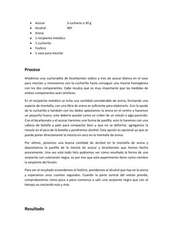 
Azúcar                            3 cucharas o 30 g

Alcohol                           90º

Arena

1 recipiente metálico