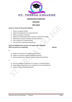 Wish you success in this paper   .   Tr.Brian 
Page 1 
 
 
 
 
INTRODUCTION TO COMPUTERS 
MAIN EXAM 
TIME: 1HOUR 
Section A