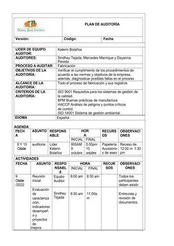 PLAN DE AUDITORÍA
Versión:
Código:
Fecha:
LIDER DE EQUIPO
AUDITOR:
Katerin Bolaños
AUDITORES:
Sindhey Tejada, Mercedes Manriq