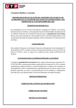 Consultora Bolaños y asociados 
 
MEMORÁNDUM DE PLANEACIÓN DE AUDITORÍA FINANCIERA Y DE 
CUMPLIMIENTO AL ESTADO DE SITU