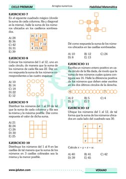 www.ipluton.com
VERANO
Habilidad Matemática
CICLO PREMIUM
Arreglos numericos 
En el siguiente cuadrado mágico (donde 
la suma