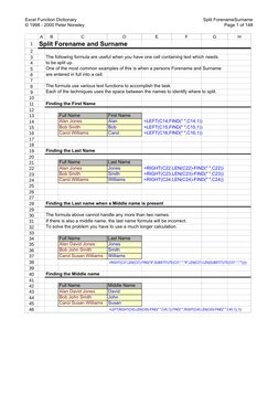 Excel Function Dictionary
© 1998 - 2000 Peter Noneley
 Split ForenameSurname
Page 1 of 148
Split Forename and Surname
The fol