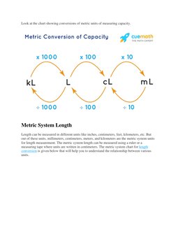 Look at the chart showing conversions of metric units of measuring capacity. 
 
Metric System Length 
Length can be measured
