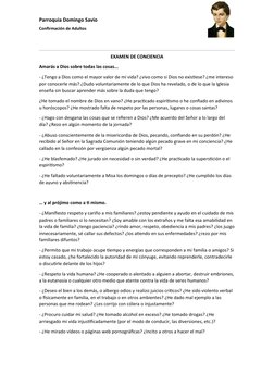 Parroquia Domingo Savio
Confirmación de Adultos 
EXAMEN DE CONCIENCIA
Amarás a Dios sobre todas las cosas...
- ¿Tengo a Dios