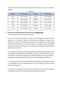 El pago de dichos montos podrá ser efectuado al finalizar cada mes según el cronograma 
siguiente: 
Cuadro N° 04 
 
Pensión