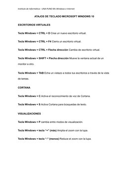 Instituto de Informática - UNA PUNO Ms Windows e Internet
ATAJOS DE TECLADO MICROSOFT WINDOWS 10
ESCRITORIOS VIRTUALES
Tecla