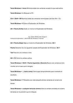 Tecla Windows + Inicio Minimiza todas las ventanas excepto la que está activa.
Tecla Windows + L Bloquea tu PC.
Ctrl + Shift