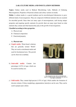 LAB. CULTURE MEDIA AND INOCULATION METHODS 
Topics: Culture media used in Medical Microbiology Labs, Methods of Culturing 
Mi