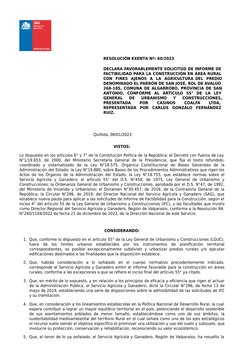 RESOLUCIÓN EXENTA Nº: 60/2023
DECLARA FAVORABLEMENTE SOLICITUD DE INFORME DE
FACTIBILIDAD PARA LA CONSTRUCCIÓN EN ÁREA RURAL