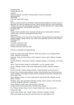 No Batuque-RS
pitanga, abacate, figo.
OXOSSI
todas da natureza. Tamarindo, mamão,guarana, banana, coco,goiaba
No Batuque-RS
O