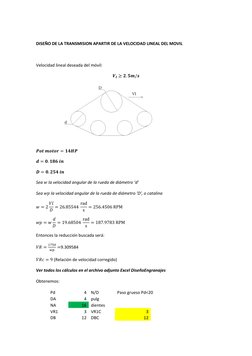 DISEÑO DE LA TRANSMISION APARTIR DE LA VELOCIDAD LINEAL DEL MOVIL 
 
Velocidad lineal deseada del móvil: