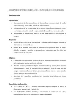 SECUENCIA DIDÁCTICA MATEMÁTICA-  PRIMER GRADO (OCTUBRE 2022)
Fundamentación
 
 
Aprendizajes
 
 
●
Reconocimiento de las cara