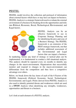 PESTEL  
PESTEL model involves the collection and portrayal of information 
about external factors which have or may have an
