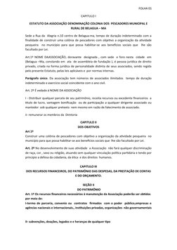 FOLHA 01
CAPITULO I
ESTATUTO DA ASSOCIAÇÃO DENOMINAÇÃO COLONIA DOS  PESCADORES MUNICIPAL E
RURAL DE BELAGUA – MA
Sede a Rua