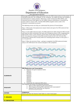 Republic of the Philippines
Department of Education
SOCCSKSARGEN REGION
Messenger RNA (mRNA) brings information from the DNA