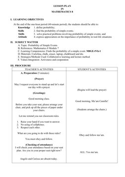 Grade 8 Lesson Plan: Simple Events Probability | PDF | Lesson Plan ...