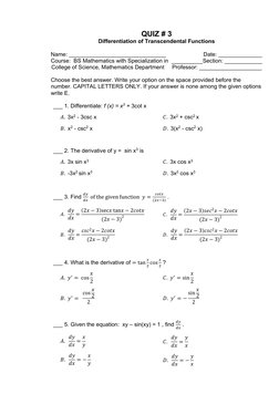 QUIZ # 3 
Differentiation of Transcendental Functions 
 
Name: _______________________________                        Dat