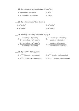 ___ 22. If 𝑦= 𝐴cosh 𝑏𝑥+ 𝐵sinh 𝑏𝑥 then 𝑑(𝑦𝑑𝑥(
⁄
 is 
 
  𝐴.  𝑏𝐴sinh 𝑏𝑥+ 𝑏𝐵cosh 𝑏𝑥 
𝐶.  𝑏(𝑦 
 
  𝐵.  𝑏