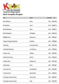 Kbox Complete Songlist
Title
Artist
Duration
ID
99 Luftballons
Nena
0:00
79001768
99 Problems
Jay Z
0:00
70008172
99 Red Ball