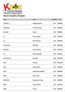 Kbox Complete Songlist
Title
Artist
Duration
ID
143 /Ray J
Bobby Brackins
0:00
70008062
15 Minutes
The Yeah YouS
0:00
7000925