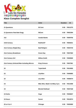 Kbox Complete Songlist
Title
Artist
Duration
ID
21 Questions
50 Cent
0:00
70011270
21 Questions /feat.Nate Dogg
50Cent
0:00
7