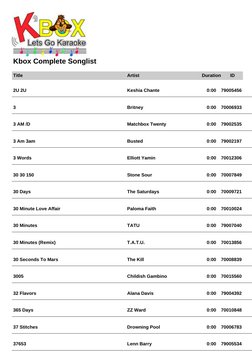 Kbox Complete Songlist
Title
Artist
Duration
ID
2U 2U
Keshia Chante
0:00
79005456
3
Britney
0:00
70006933
3 AM /D
Matchbox Tw