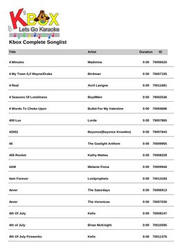 Kbox Complete Songlist
Title
Artist
Duration
ID
4 Minutes
Madonna
0:00
70006520
4 My Town /Lil Wayne/Drake
Birdman
0:00
70007