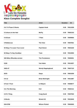 Kbox Complete Songlist
Title
Artist
Duration
ID
5 6 7 8 /Team S Remix
Captain Hook
0:00
70011939
5 Colours In Her Hair
McFly