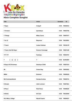 Kbox Complete Songlist
Title
Artist
Duration
ID
7 Days
Craig D
0:00
79002912
7 O'clock
Quireboys
0:00
79002766
7 Things
Miley