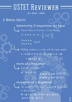 Determining if Proportions are Equal
USTET Reviewer
A.Y. 2023 - 2024
A. Mental Ability
1 : 2 = 2 : 4  -> 
Convert Ratio to Fr