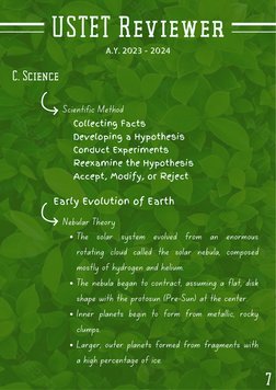 USTET Reviewer
A.Y. 2023 - 2024
C. Science
7
Scientific Method
Early Evolution of Earth
Nebular Theory
Collecting Facts
Devel