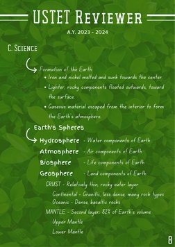 USTET Reviewer
A.Y. 2023 - 2024
C. Science
8
Formation of the Earth
Earth's Spheres
- Water components of Earth
Iron and nick