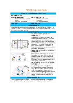 SESIONES DE VOLEIBOL
SESION DE ENTRENAMIENTO INICIACION
DURACION: 60 min
OBJETIVO PRINCIPAL:
-
Desplazamientos y posición 
in