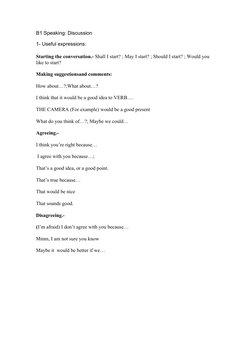 B1 Speaking: Discussion
1- Useful expressions:
Starting the conversation.- Shall I start? ; May I start? ; Should I start? ;