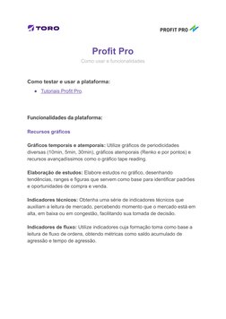 Profit Pro
Como usar e funcionalidades
Como testar e usar a plataforma:
●Tutoriais Profit Pro (https://www.youtube.com/playli