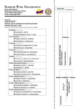 SUPREME  PUPIL  GOVERNMENT
Porac East District
Babo Sacan Elementary School
Joven Street, Babo Sacan,
Porac, Pampanga 2008
Se