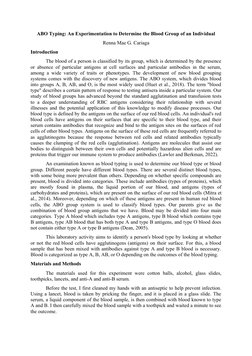 ABO Typing: An Experimentation to Determine the Blood Group of an Individual
Renna Mae G. Cariaga
Introduction
The blood of a