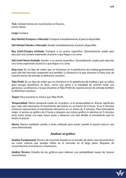 Tick: Unidad mínima de movimiento en Futuros.
Corto: Venta.
Largo: Compra.
Buy Market/Comprar a Mercado: Comprar inmediatamen