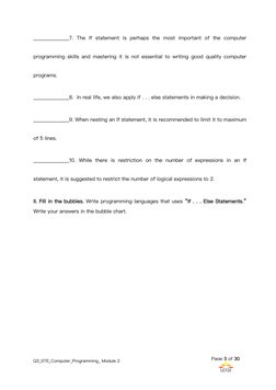 Q3_STE_Computer_Programming_ Module 2
Page 3 of 30
______________7. The If statement is perhaps the most important of the com