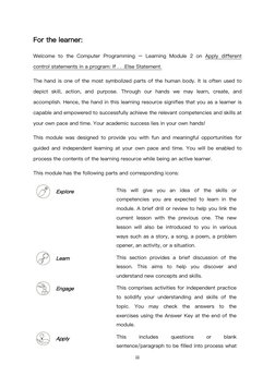 iii
For the learner:
Welcome to the Computer Programming – Learning Module 2 on Apply different
control statements in a progr