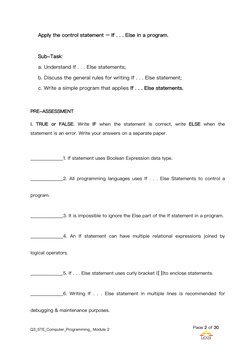 Q3_STE_Computer_Programming_ Module 2
Page 2 of 30
Apply the control statement – If . . . Else in a program.
Sub-Task:
a. Und