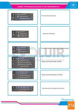 CURSO PROFISSIONALIZANTE EM INFORMÁTICA
276
Photoshop
Ferramenta de pintura
Grupo de desfoque
Ferramentas de saturação e desa