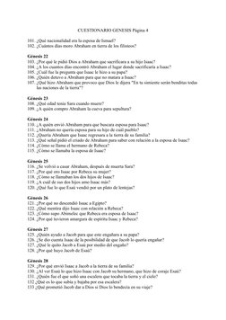 CUESTIONARIO GENESIS Página 4
101. ¿Qué nacionalidad era la esposa de Ismael?
102. ¿Cuántos días moro Abraham en tierra de lo