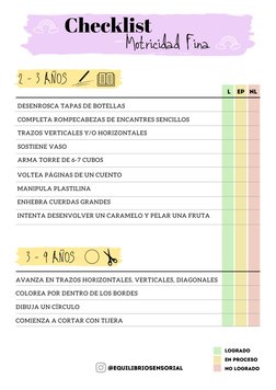 Checklist
DESENROSCA TAPAS DE BOTELLAS 
COMPLETA ROMPECABEZAS DE ENCANTRES SENCILLOS
TRAZOS VERTICALES Y/O HORIZONTALES
SOSTI