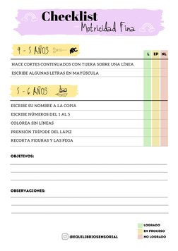 Checklist
ESCRIBE SU NOMBRE A LA COPIA
ESCRIBE NÚMEROS DEL 1 AL 5
COLOREA SIN LÍNEAS
PRENSIÓN TRÍPODE DEL LÁPIZ
RECORTA FIGUR