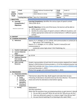 Speech Context Lesson Plan for Grade 12 | PDF | Communication | Learning