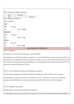 GET=1832kcal+183kcal=2015kcal
100 %
2015 kcal
30%
x
= 605 kcal
GET=2015kcal−605kcal
GET=1410kcal
CHO      
100%           141