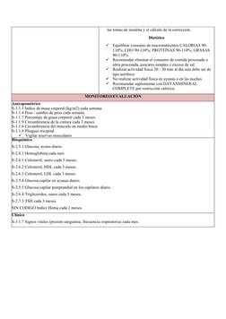 las tomas de insulina y el cálculo de la corrección.
Dietético

Equilibrar consumo de macronutrientes CALORIAS 90-
110%; CHO