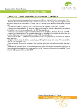 SOBRE NOSOTROS:
Director: Lic. Rubén Arana
Para más información Visite:
www.centrotai.com
CONGRESOS, CURSOS Y SEMINARIOS ASIS